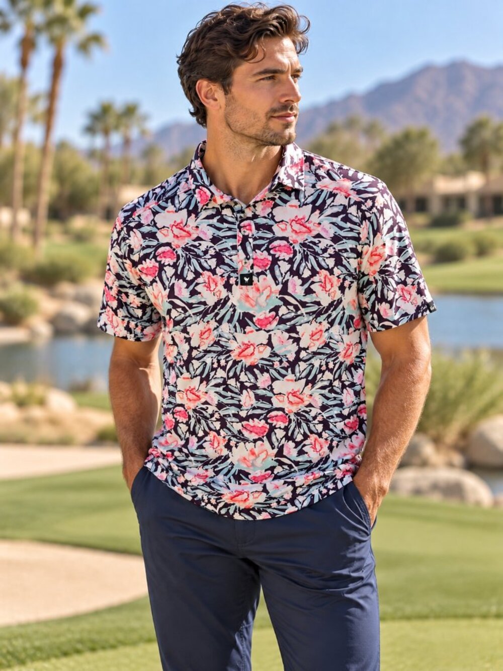 Bad Birdie Golf Polo Mens Size L Purple Floral Performance Stretch Country Club